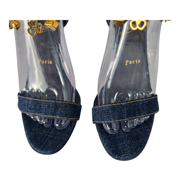 Christian Louboutin Gourmi Sandal 100 Denim Gold Charm Anklet Heel 39 w/ Box - Picture 5 of 16